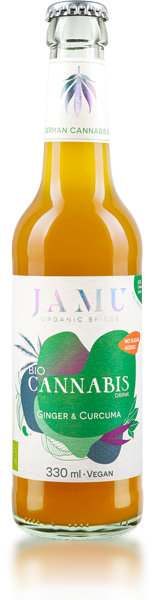Bottle of cannabis wellness drink by Jamu