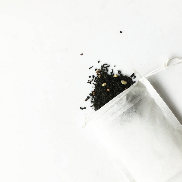 Tea leaves in organic tea filter bag by Senza Tea