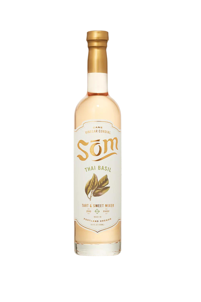 Bottle of non-alcoholic drink Thai Basil by Som Cordial