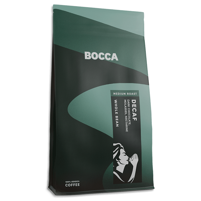 Bag of whole beans decaf coffee by Bocca