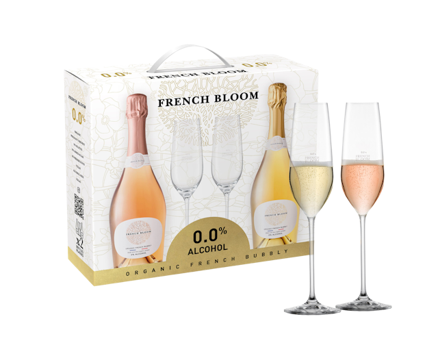 Box with two alcohol free wines and two champagne glasses filled with alcohol free wine by French Bloom